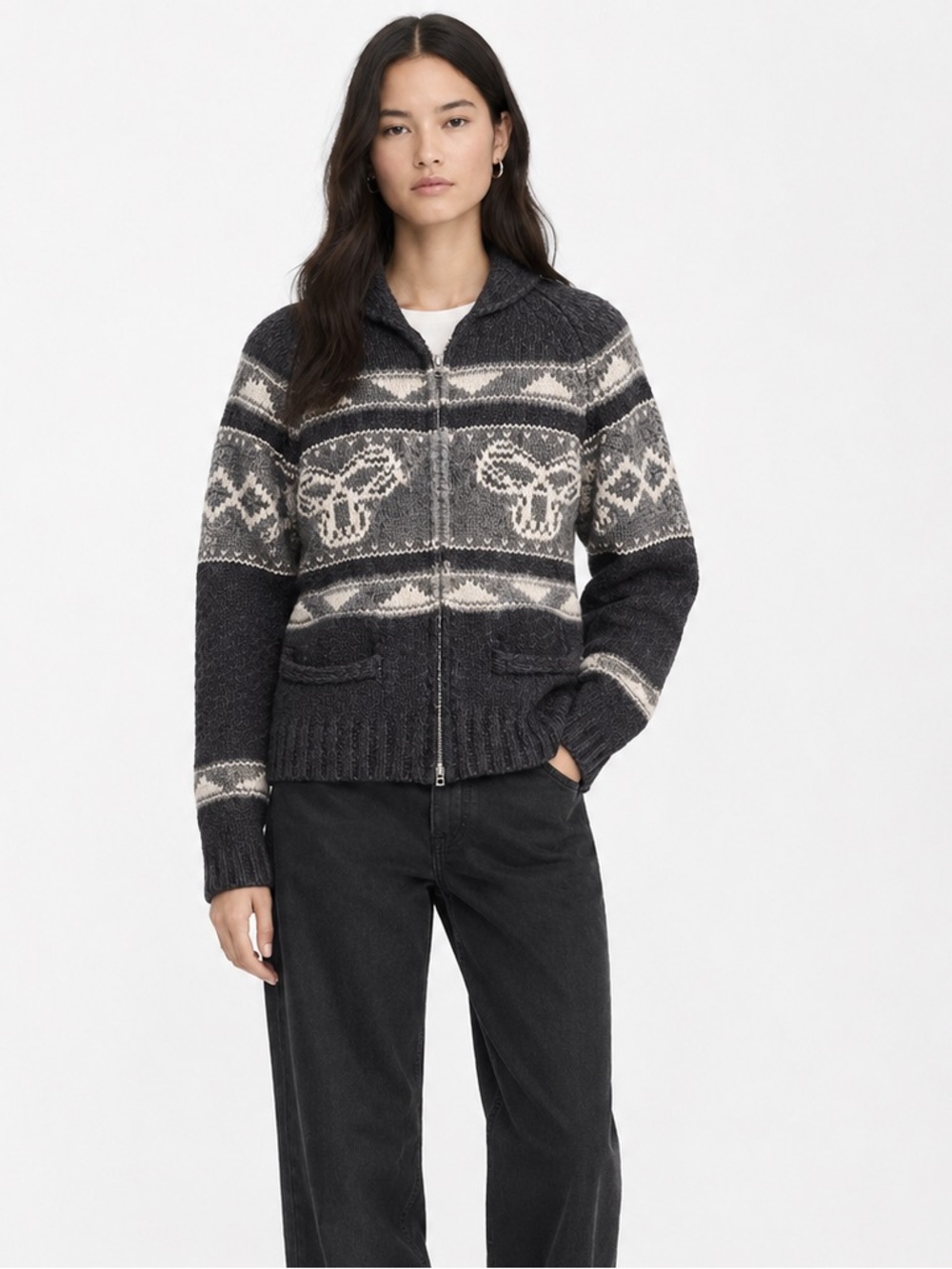 TNA 100% LambsWOOL Sea to Sky Cowichan Sweater Full Zip Y2K Cowl Neck S Aritzia